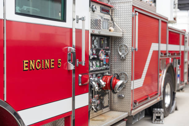 Side view of a red fire truck